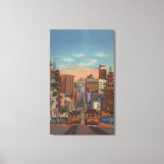 San Francisco, CA - Cable Cars fahren hoch Leinwanddruck (Vorderseite)