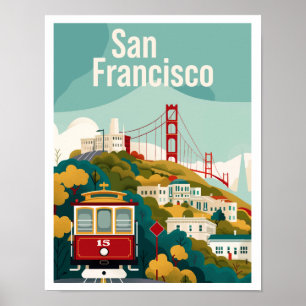 San Francisco CA Red Cable Car Vintage Travel Poster