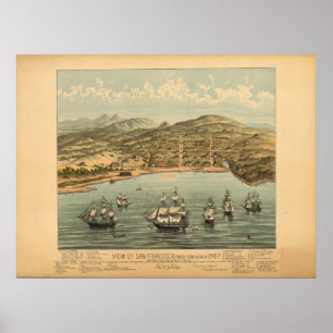 San Francisco cal. Antike panoramische Karte 1847 Poster