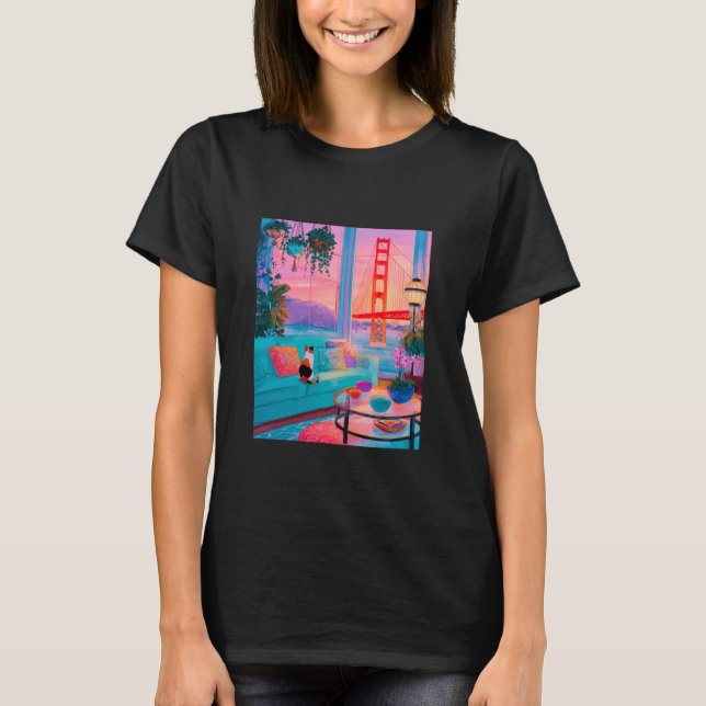 San Francisco Calico Cat GoldenGate Bridge Retro A T-Shirt (Vorderseite)