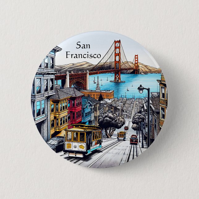 San Francisco, California Comic Book Style Art Button (Vorderseite)