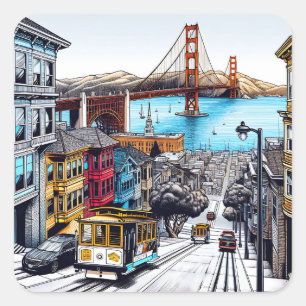 San Francisco, California Comic Book Style Art Quadratischer Aufkleber