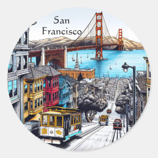 San Francisco, California Comic Book Style Art Runder Aufkleber