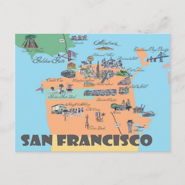San Francisco California Highlights Maps Postkarte (Vorderseite)
