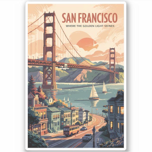 San Francisco California Skyline Travel Art Retro Aufkleber (Vorderseite)