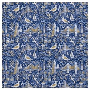 San Francisco Coastal Citycape in Navy & Gold Stoff