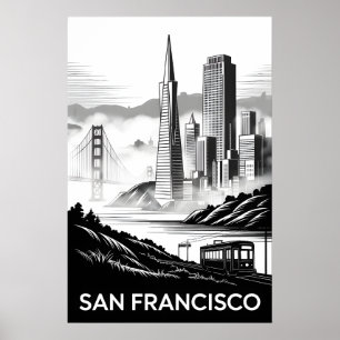 San Francisco Kalifornien Schwarz-Weiß-Holzschnitt Poster