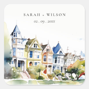 San Francisco Painted Ladies Landschaft Hochzeit Quadratischer Aufkleber