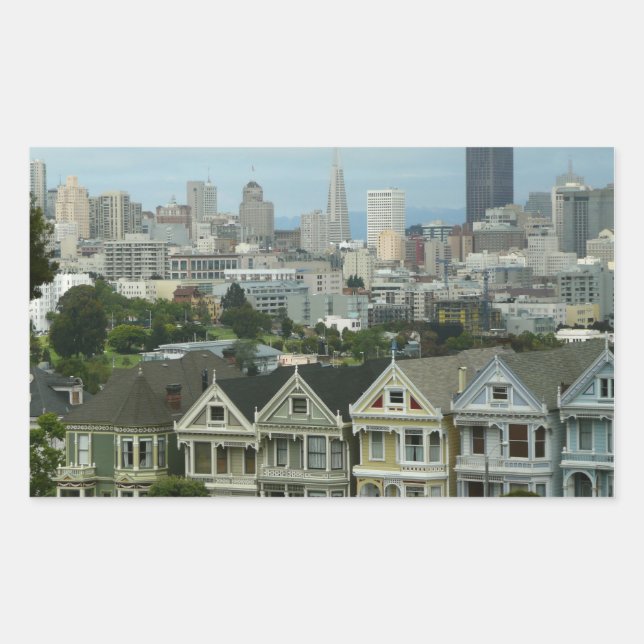 San Francisco Postcard Row City Scene Fotografie Rechteckiger Aufkleber (Vorderseite)
