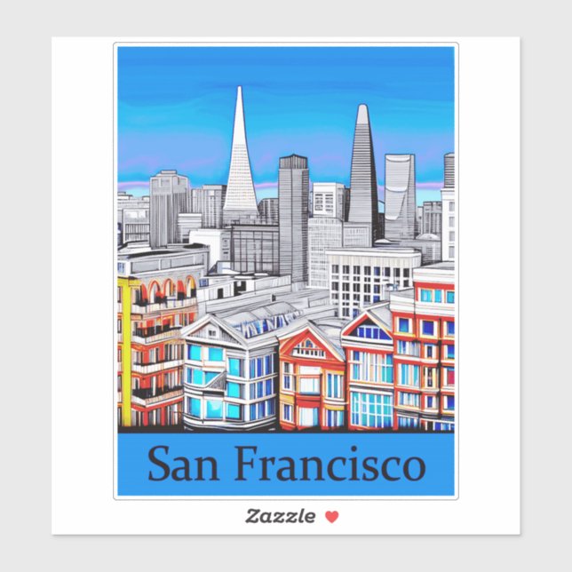 San Francisco Skyline Colored Line Art Aufkleber (Blatt)