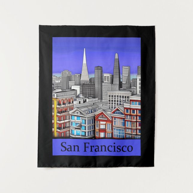 San Francisco Skyline Colored Line Art Wandteppich (Vorderseite)