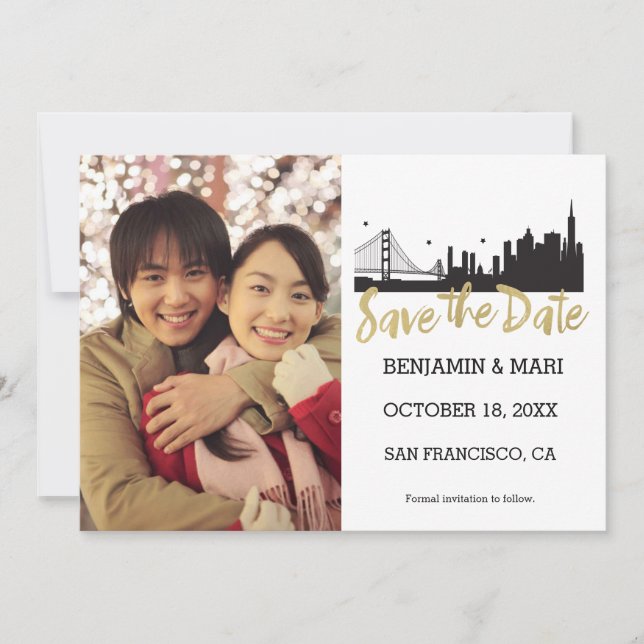 San Francisco Skyline Gold Script Save the Date (Vorderseite)