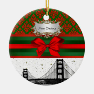 San Francisco Skyline Red Green Damask #2 Bow Xmas Keramikornament