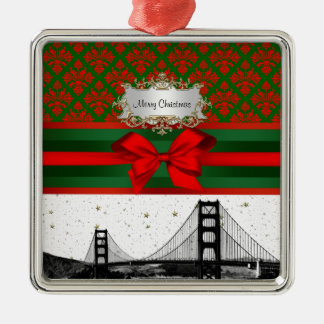 San Francisco Skyline Red Green Damask #2 Bow Xmas Ornament Aus Metall