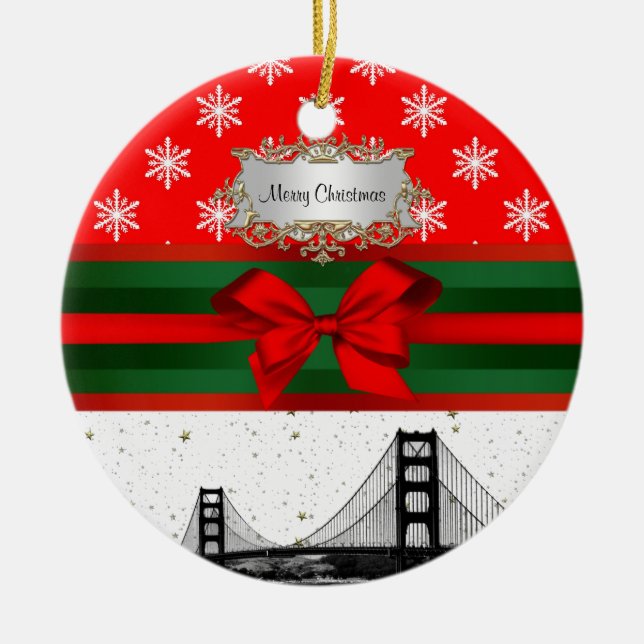 San Francisco Skyline Red Snowflake Weihnachten Keramikornament (Vorne)