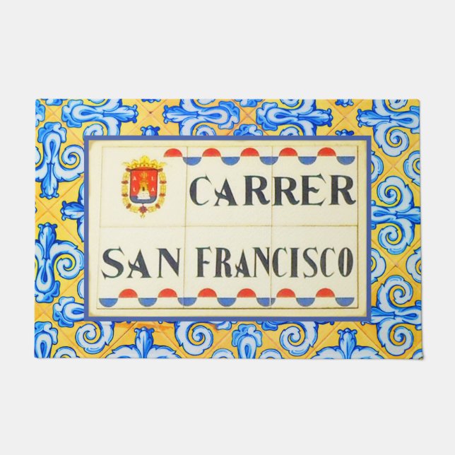 San Francisco Spanish Street Sign Yellow Blue Tile Fußmatte (Vorderseite)