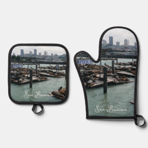 San Francisco und Pier 39 Sea Lions City Skyline Ofenhandschuh & Topflappen-Set