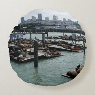 San Francisco und Pier 39 Sea Lions City Skyline Rundes Kissen