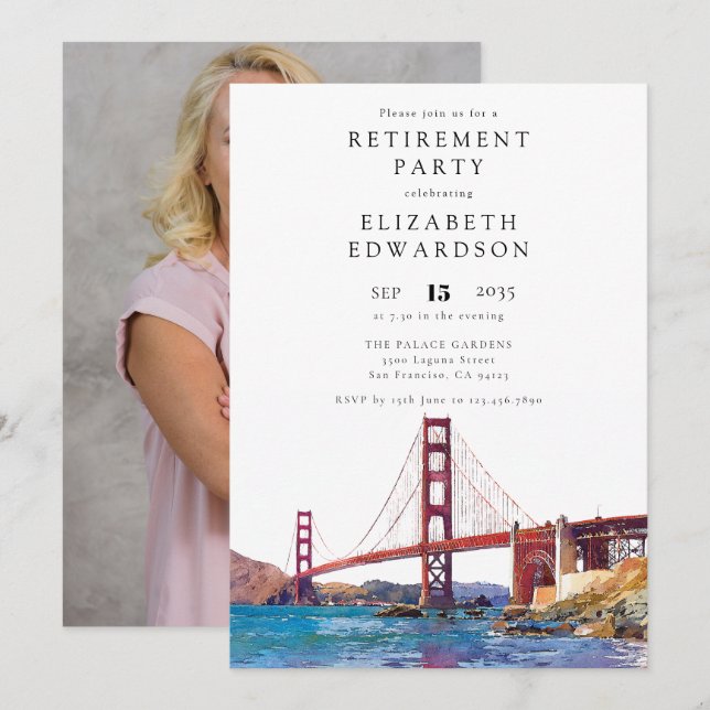San Francisco Watercolor Retirement Party Photo Einladung (Vorne/Hinten)