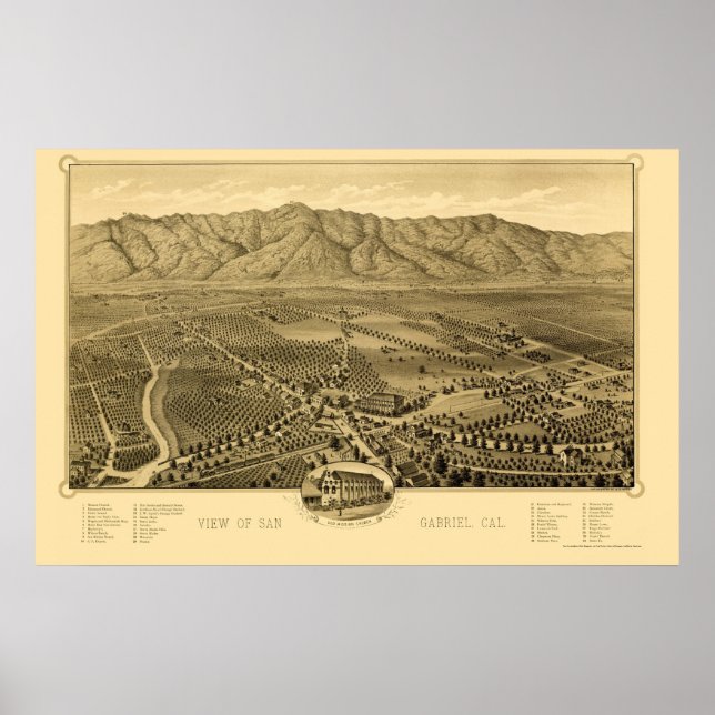 San Gabriel, CA Panorama Karte - 1893 Poster (Vorne)