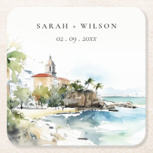 San Juan Puerto Rico Aquarell-Landschaft-Hochzeit Rechteckiger Pappuntersetzer