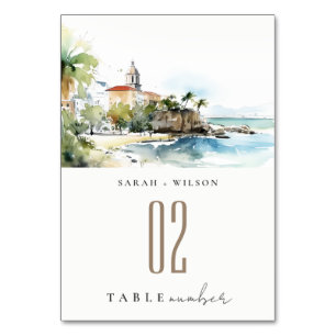 San Juan Puerto Rico Aquarell-Landschaft-Hochzeit Tischnummer