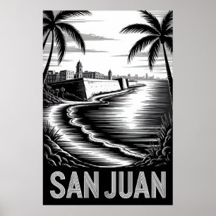 San Juan Puerto Rico Schwarz-Weiß-Holzschnitt Poster