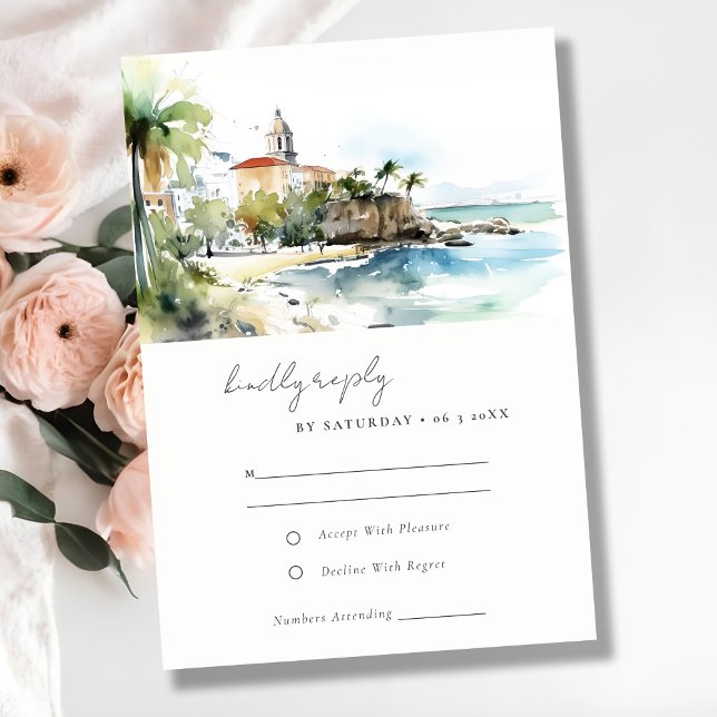 San Juan Puerto Rico Watercolor Landscape Wedding RSVP Karte (Von Creator hochgeladen)