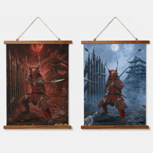 Sanada Yukimura Rote und Blaue Samurai-Rüstung Zwe Wandteppich Mit Holzrahmen