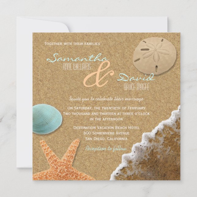 Sand and and Muscheln Beach Square Hochzeitseinlad Einladung (Vorderseite)