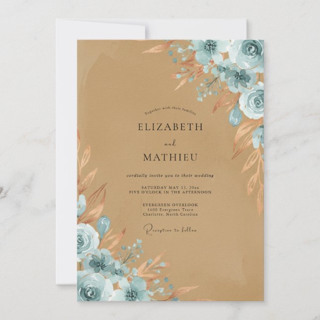 Sand Azure Blütenhochzeit Einladung (Vorderseite)