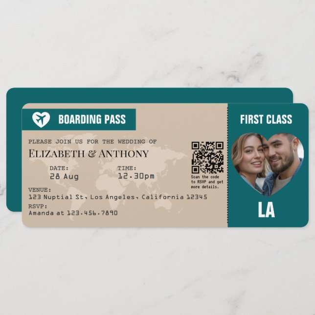 Sand Beige & Ocean Teal Boarding Pass Wedding Einladung (Vorne/Hinten)