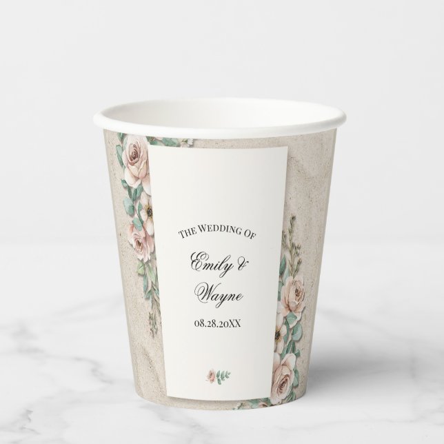Sand-Beige-Sagegrüne Florale Hochzeit Pappbecher (Vorderseite)