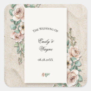 Sand-Beige-Sagegrüne Florale Hochzeit Quadratischer Aufkleber