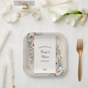 Sand Beige Salbei Grün Florale Hochzeit Pappteller