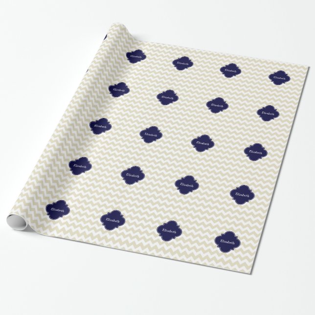 Sand Beige Zickzack Navy Quatrefolionmonogramm Geschenkpapier (Ungerollt)