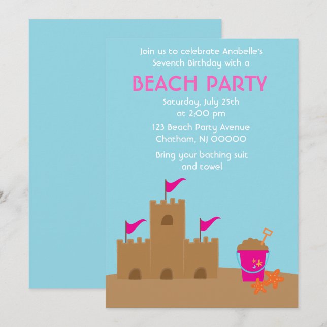 Sand Castle Beach und Summer Birthday Party Einladung (Vorne/Hinten)