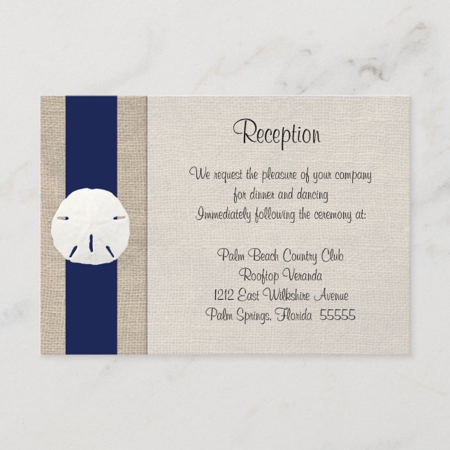 Sand Dollar Beach Wedding Empfang Card Navy Begleitkarte (Vorderseite)