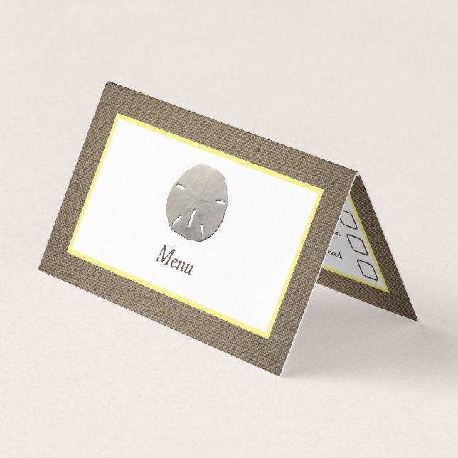 Sand Dollar & Burlap Menü Auswahlkarte (Vorderseite)