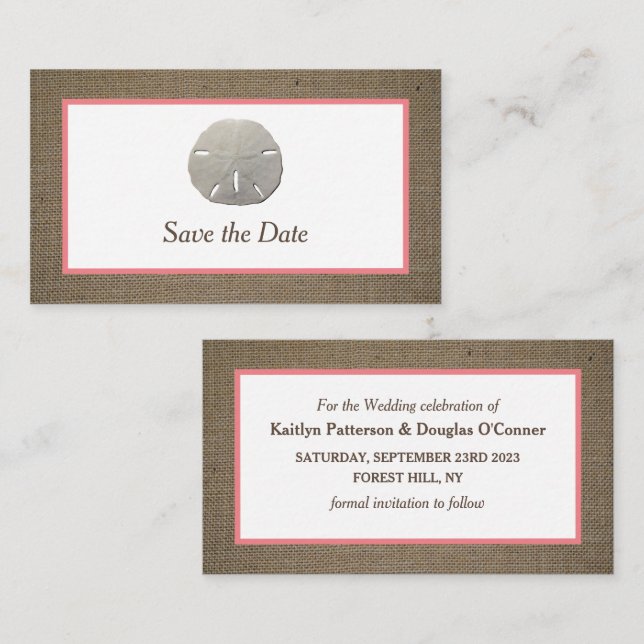 Sand Dollar & Burlap Save the Date Card Visitenkarte (Vorne/Hinten)