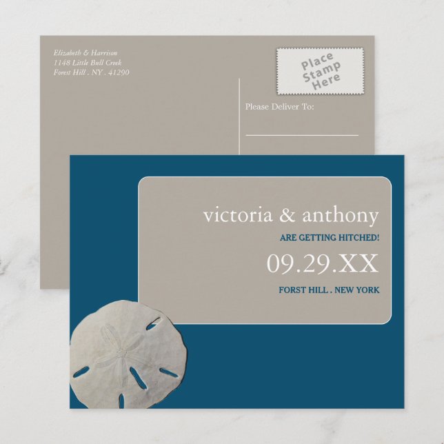 Sand-Dollar Ocean Blue Beach Hochzeit Save the Dat Ankündigungspostkarte (Vorne/Hinten)