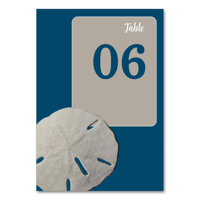 Sand Dollar, Ocean Blue Beach Hochzeit Tischnummer (Vorderseite)