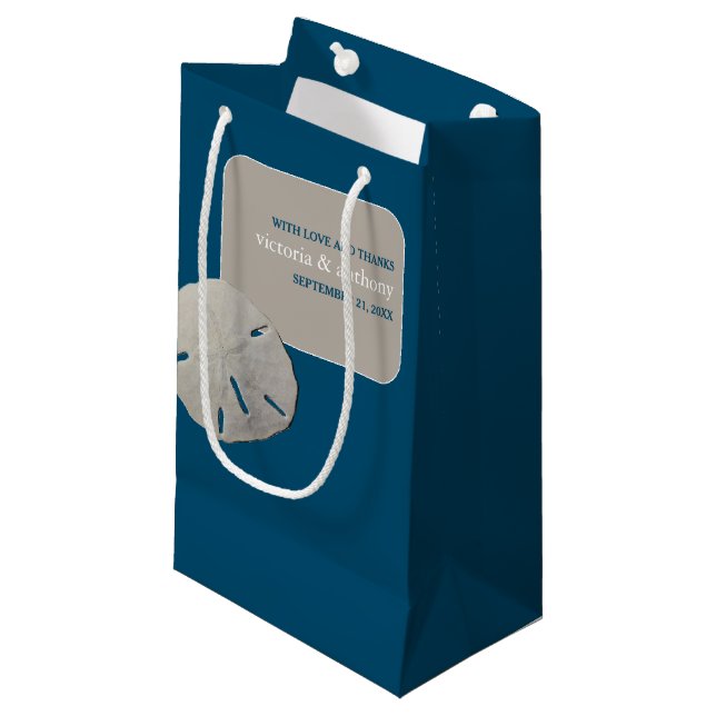 Sand Dollar, Ocean Blue Beach Hochzeitsfavorit Kleine Geschenktüte (Vorderseite Schrägansicht)