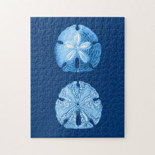 Sand Dollar Sea Life Print, Indigoblau und Weiß Puzzle