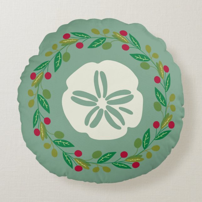 Sand Dollar Seashell Weihnachtskranz Rundes Kissen (Vorderseite)