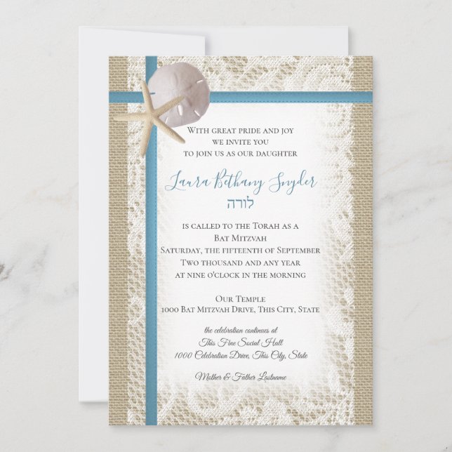 Sand Dollar und Lace Blue Bat Mitzvah Einladung (Vorderseite)