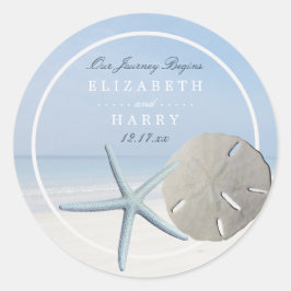 Sand Dollar und Starfish Beach Hochzeit Runder Aufkleber