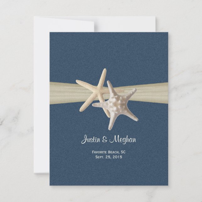 Sand Dollar und Starfish Blue Burlap Empfang Einladung (Vorderseite)