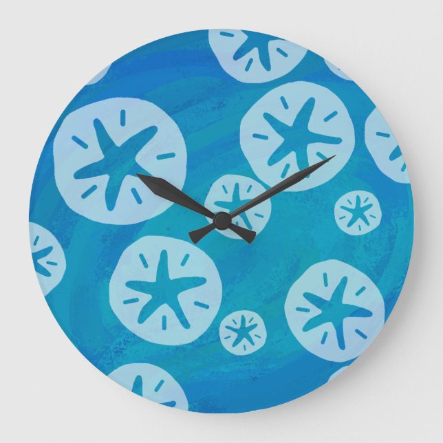 Sand Dollar Weiß und Blau Muster Große Wanduhr (Vorderseite)