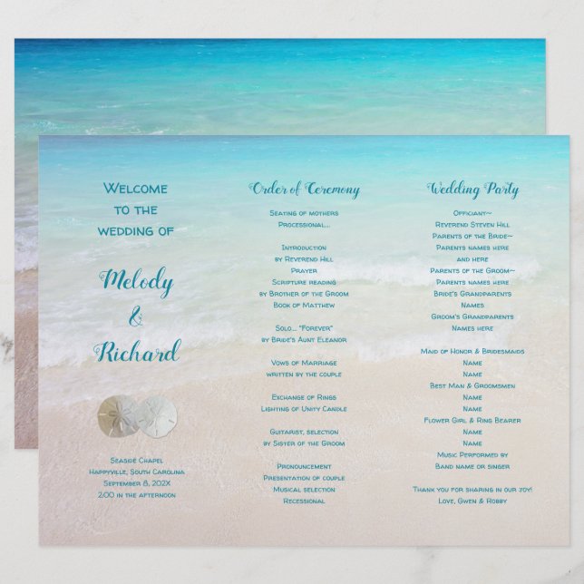 Sand Dollars Beach Scene Tri-Fold Hochzeitsprogram (Vorne/Hinten)